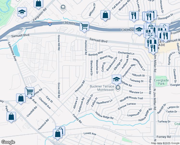 map of restaurants, bars, coffee shops, grocery stores, and more near 5006 Blanchard Drive in Dallas