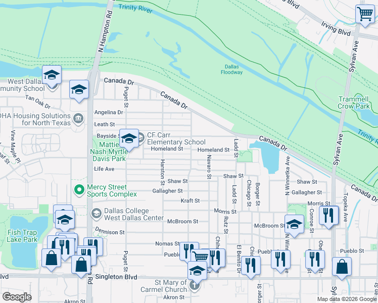 map of restaurants, bars, coffee shops, grocery stores, and more near 3616 Vilbig Road in Dallas