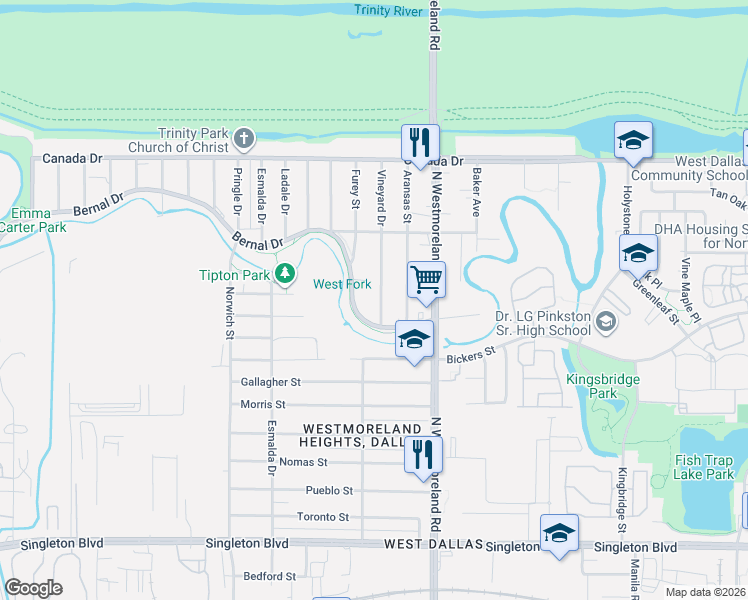 map of restaurants, bars, coffee shops, grocery stores, and more near 3401 Bernal Drive in Dallas
