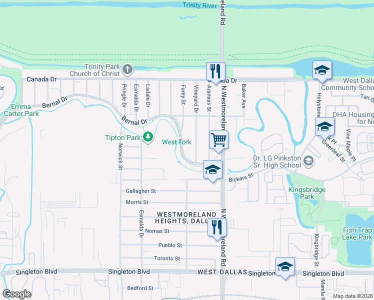map of restaurants, bars, coffee shops, grocery stores, and more near 3423 Bernal Drive in Dallas