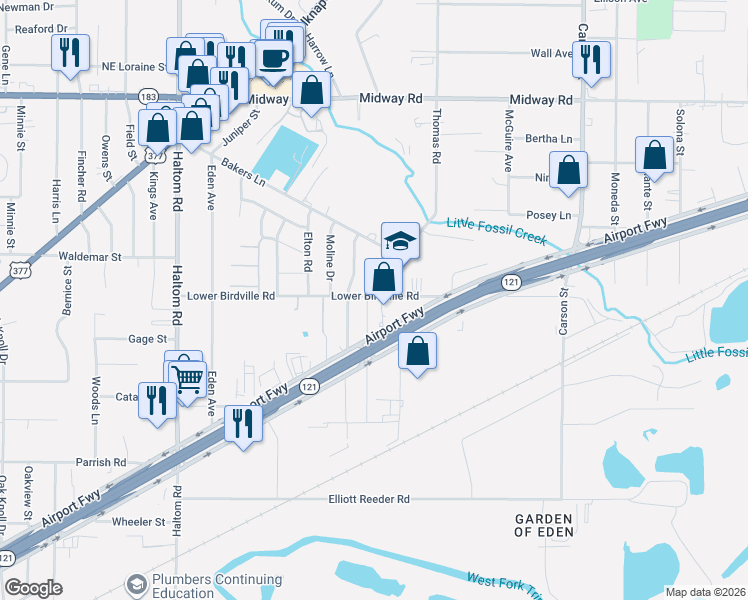 map of restaurants, bars, coffee shops, grocery stores, and more near 5703 Airport Freeway in Haltom City