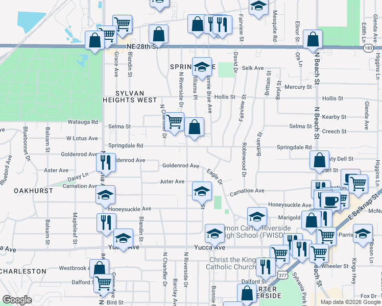 map of restaurants, bars, coffee shops, grocery stores, and more near 1925 Eagle Drive in Fort Worth
