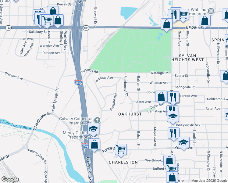 map of restaurants, bars, coffee shops, grocery stores, and more near 2114 Cardinal Lane in Fort Worth