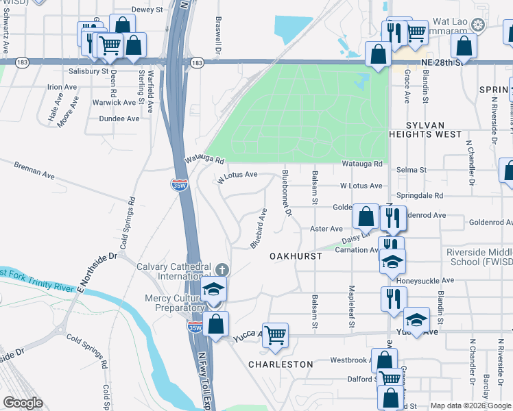 map of restaurants, bars, coffee shops, grocery stores, and more near 2114 Cardinal Lane in Fort Worth
