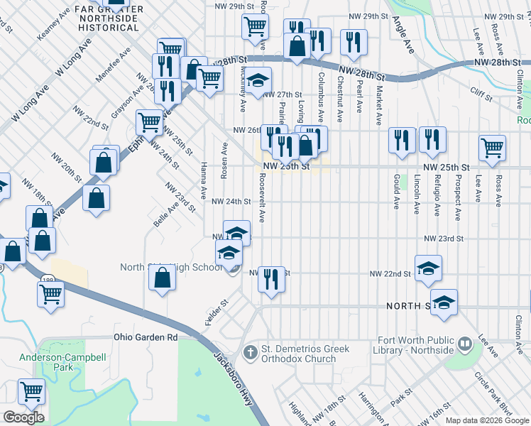 map of restaurants, bars, coffee shops, grocery stores, and more near 2310 Roosevelt Avenue in Fort Worth