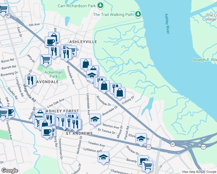 map of restaurants, bars, coffee shops, grocery stores, and more near 701 South Carolina 171 in Charleston