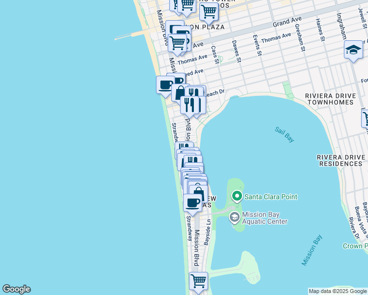 map of restaurants, bars, coffee shops, grocery stores, and more near 3916 Mission Boulevard in San Diego