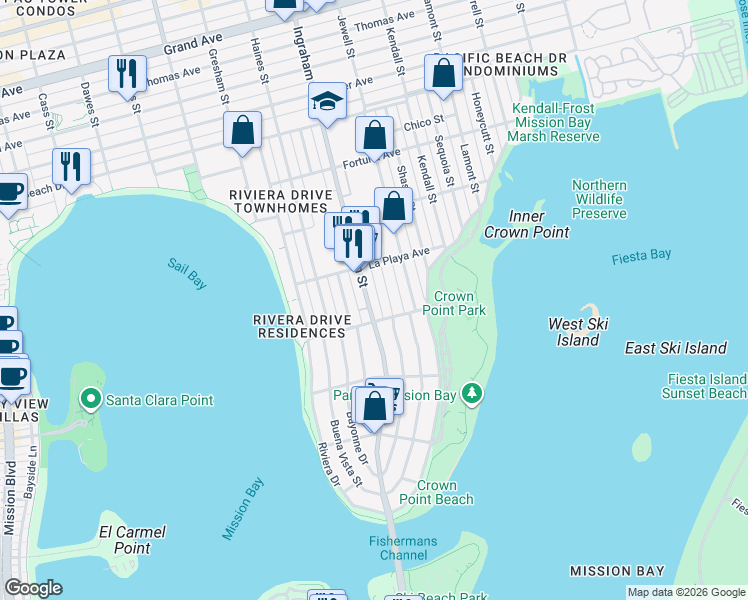 map of restaurants, bars, coffee shops, grocery stores, and more near 3700 Ingraham Street in San Diego
