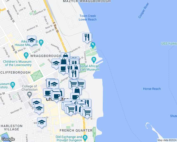 map of restaurants, bars, coffee shops, grocery stores, and more near 201-293 Concord Street in Charleston