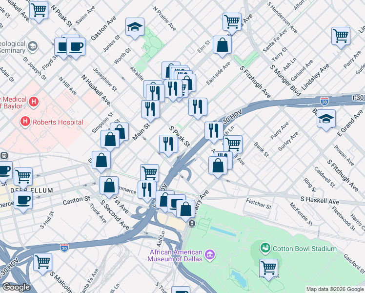 map of restaurants, bars, coffee shops, grocery stores, and more near 515 South Peak Street in Dallas