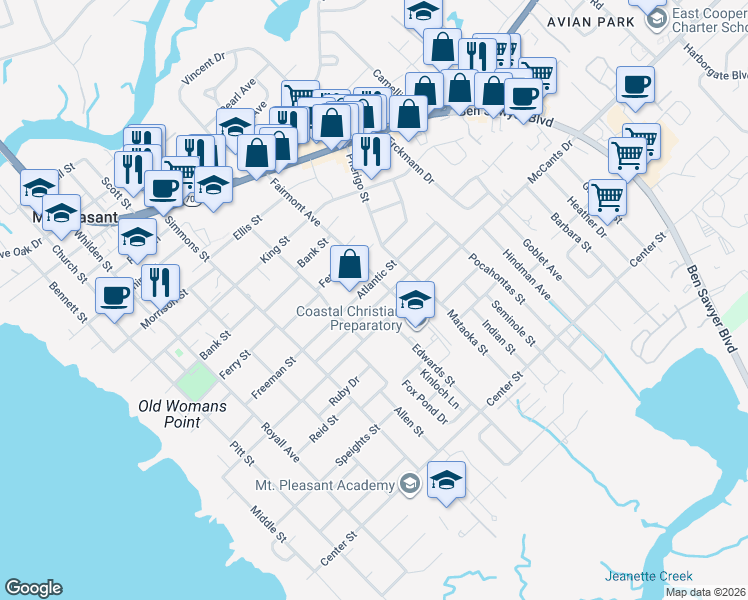 map of restaurants, bars, coffee shops, grocery stores, and more near 676 McCants Drive in Mount Pleasant