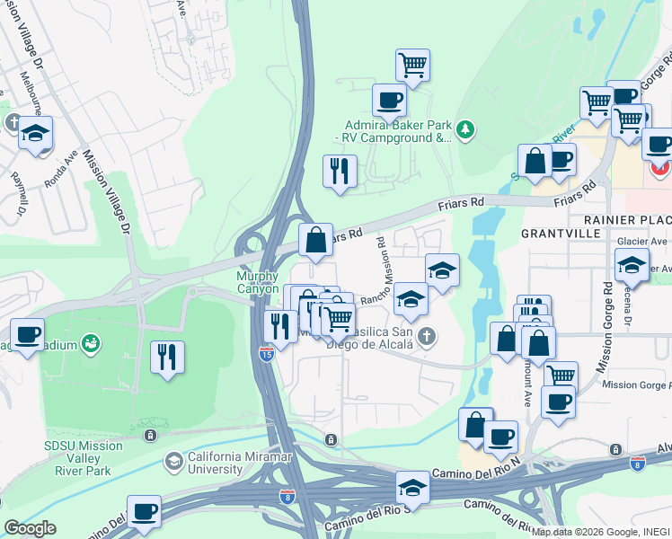 map of restaurants, bars, coffee shops, grocery stores, and more near 10350 Caminito Cuervo in San Diego