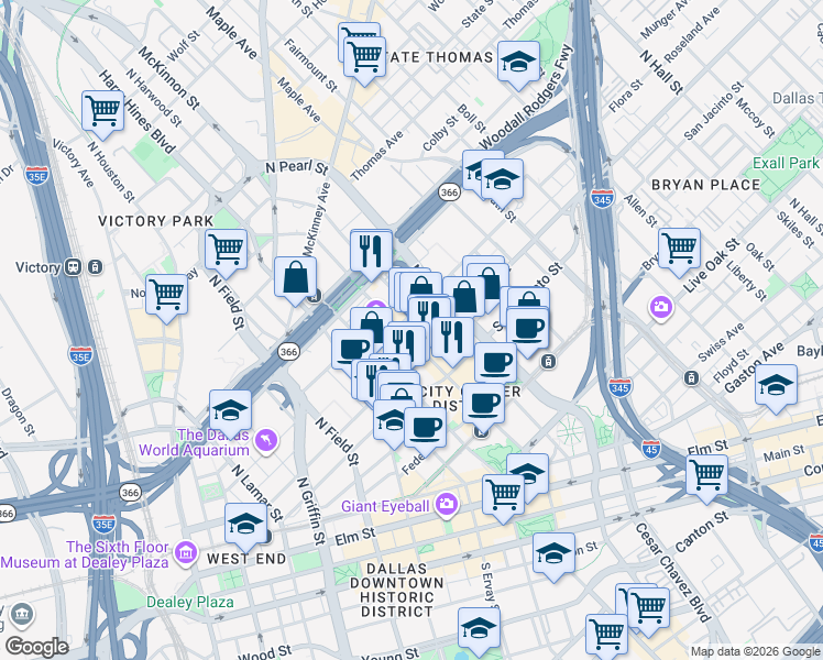 map of restaurants, bars, coffee shops, grocery stores, and more near 2001 Ross Avenue in Dallas