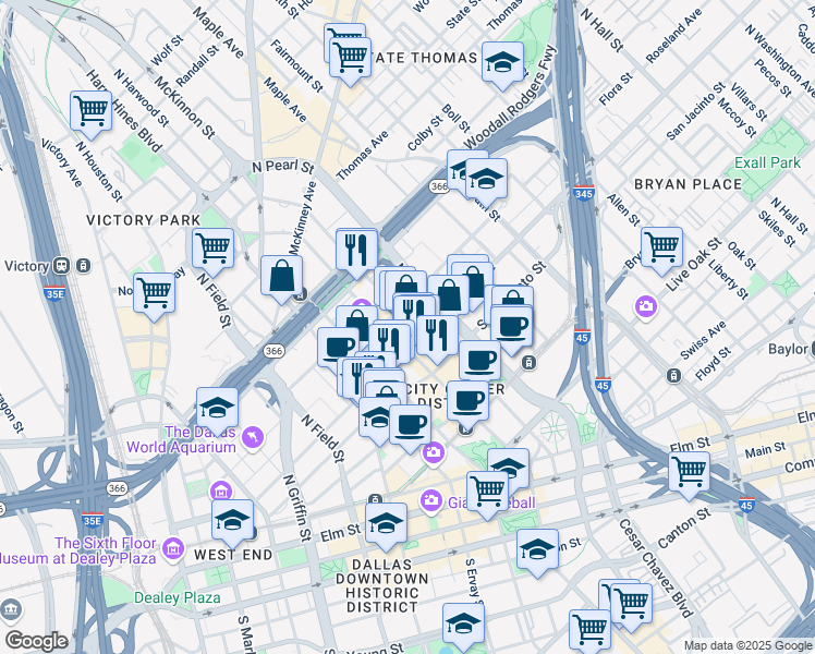 map of restaurants, bars, coffee shops, grocery stores, and more near 2001 Ross Avenue in Dallas