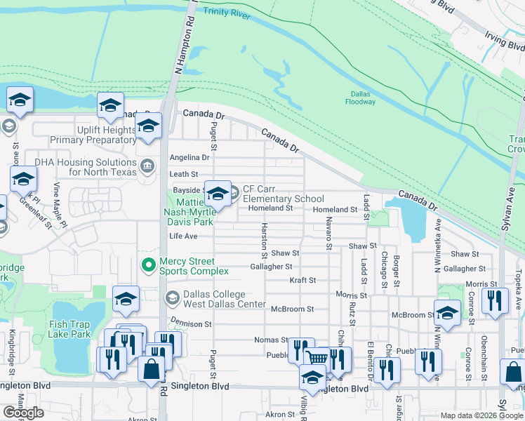 map of restaurants, bars, coffee shops, grocery stores, and more near 1902 Homeland Street in Dallas