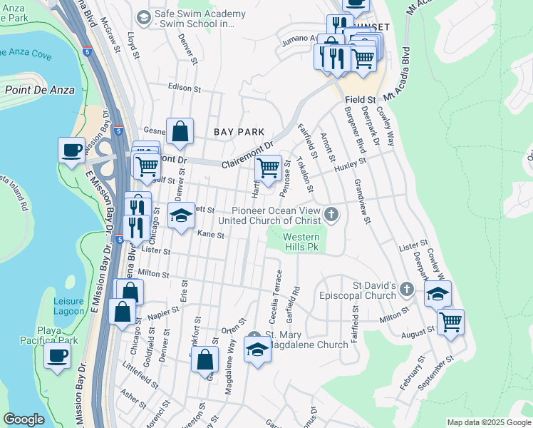 map of restaurants, bars, coffee shops, grocery stores, and more near 4770 Jellett Street in San Diego