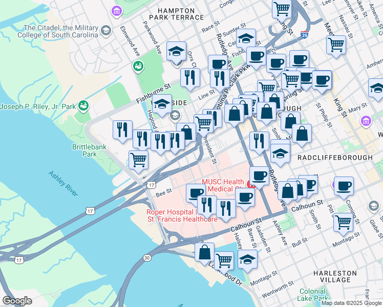 map of restaurants, bars, coffee shops, grocery stores, and more near 199 Spring Street in Charleston