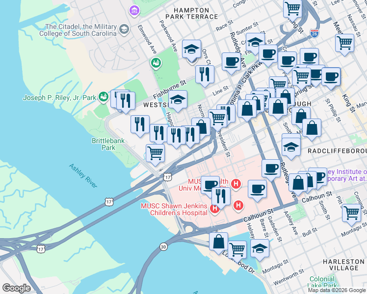 map of restaurants, bars, coffee shops, grocery stores, and more near 230 Spring Street in Charleston