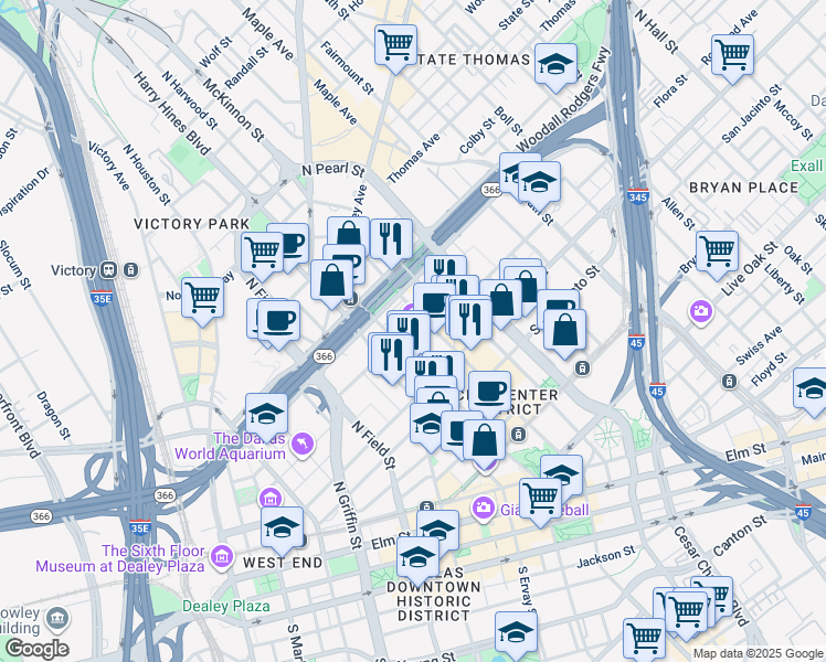 map of restaurants, bars, coffee shops, grocery stores, and more near 1717 North Harwood Street in Dallas