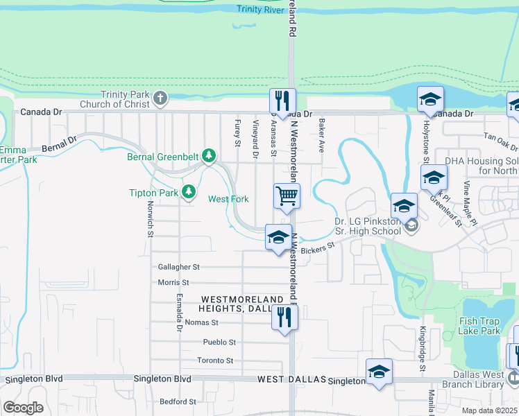 map of restaurants, bars, coffee shops, grocery stores, and more near 3728 Vineyard Drive in Dallas