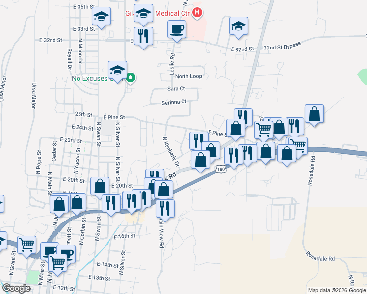 map of restaurants, bars, coffee shops, grocery stores, and more near 1452-1460 East Valle Drive in Silver City