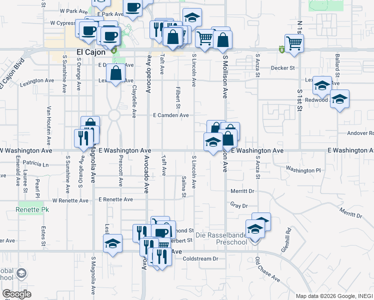 map of restaurants, bars, coffee shops, grocery stores, and more near 717 Denise Lane in El Cajon