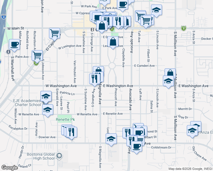 map of restaurants, bars, coffee shops, grocery stores, and more near 152 Danner Place in El Cajon