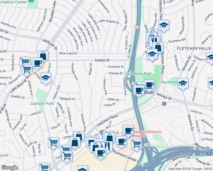 map of restaurants, bars, coffee shops, grocery stores, and more near 5955 Odessa Avenue in La Mesa