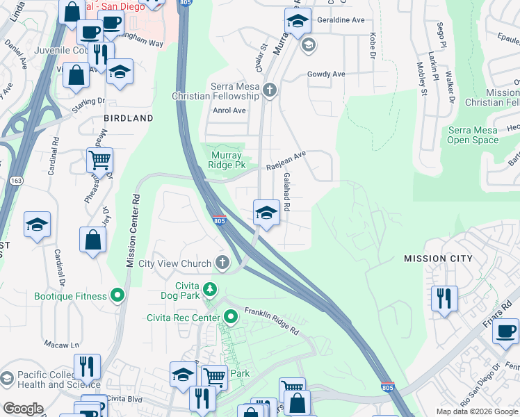 map of restaurants, bars, coffee shops, grocery stores, and more near in San Diego