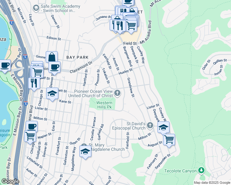map of restaurants, bars, coffee shops, grocery stores, and more near 2570 Tokalon Court in San Diego