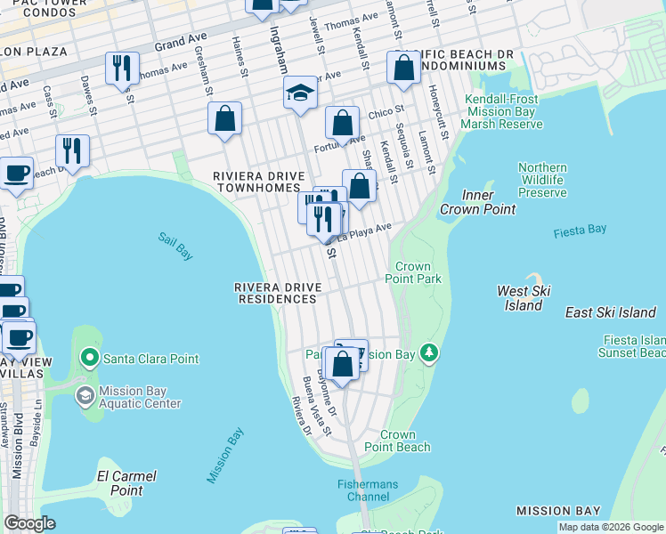 map of restaurants, bars, coffee shops, grocery stores, and more near 3700 Ingraham Street in San Diego