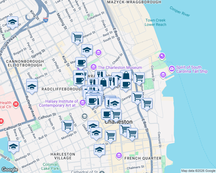 map of restaurants, bars, coffee shops, grocery stores, and more near 128 Calhoun Street in Charleston