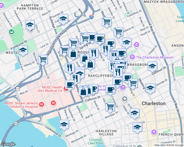 map of restaurants, bars, coffee shops, grocery stores, and more near 16 Thomas Street in Charleston
