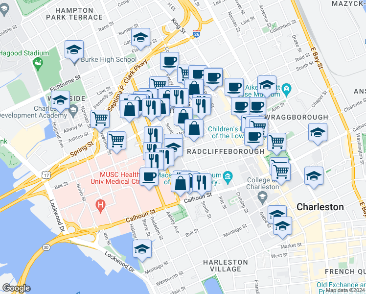 map of restaurants, bars, coffee shops, grocery stores, and more near 148 Smith Street in Charleston