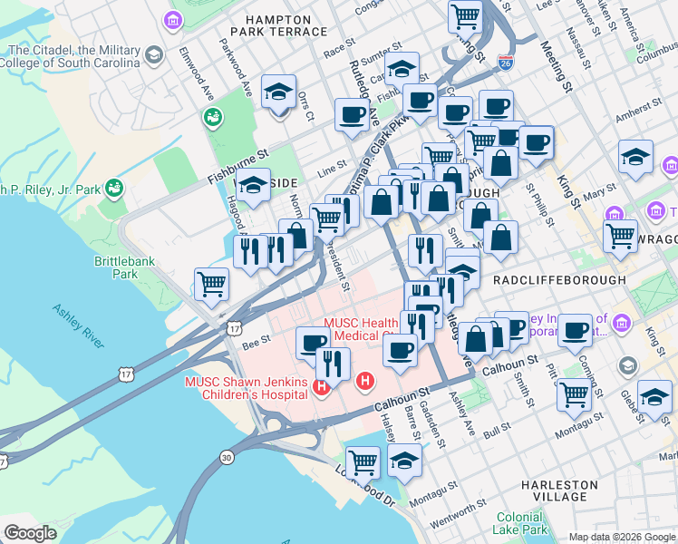map of restaurants, bars, coffee shops, grocery stores, and more near 111 President Street in Charleston
