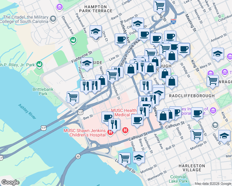 map of restaurants, bars, coffee shops, grocery stores, and more near 111 President Street in Charleston