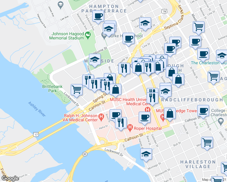 map of restaurants, bars, coffee shops, grocery stores, and more near 157 Cannon Street in Charleston