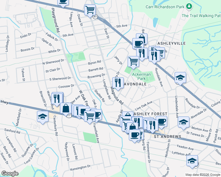 map of restaurants, bars, coffee shops, grocery stores, and more near 716 Longfellow Road in Charleston
