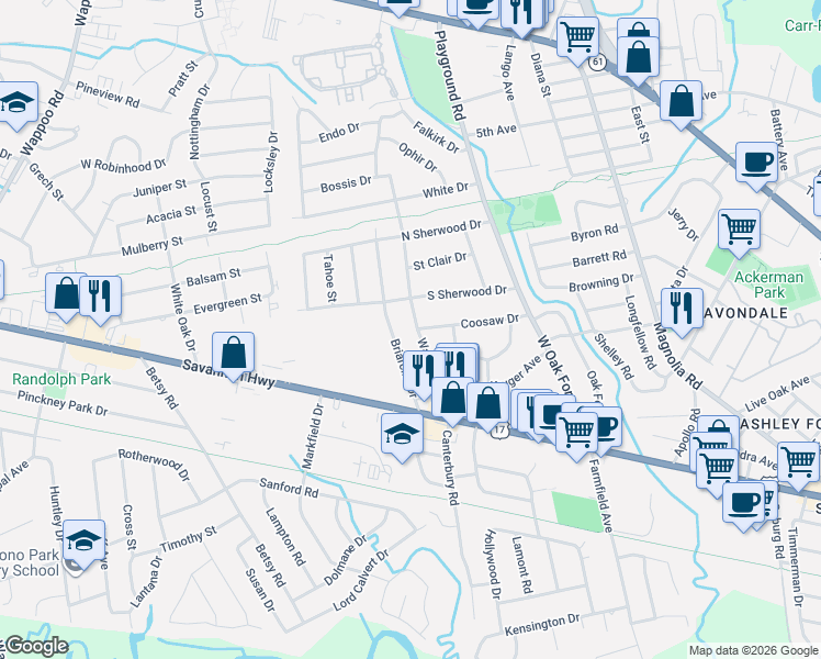 map of restaurants, bars, coffee shops, grocery stores, and more near 641 Wantoot Boulevard in Charleston