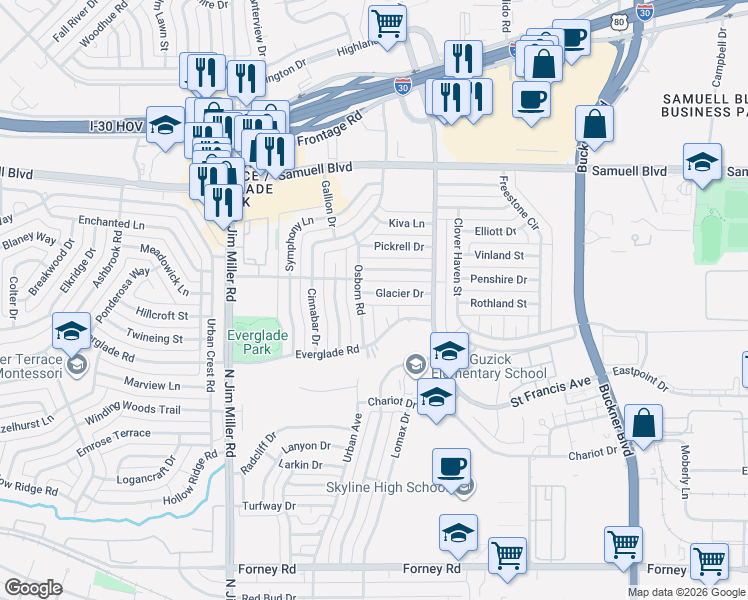 map of restaurants, bars, coffee shops, grocery stores, and more near 4223 Osborn Road in Dallas