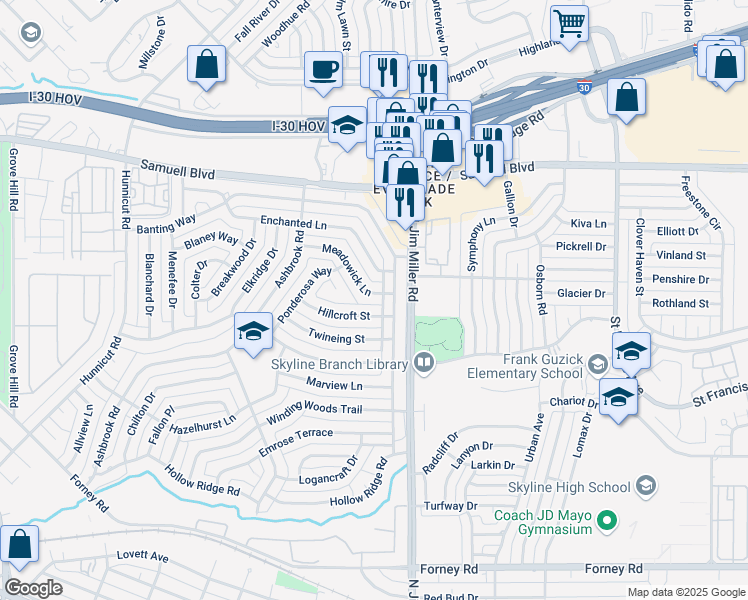 map of restaurants, bars, coffee shops, grocery stores, and more near 5816 Hillcroft Street in Dallas
