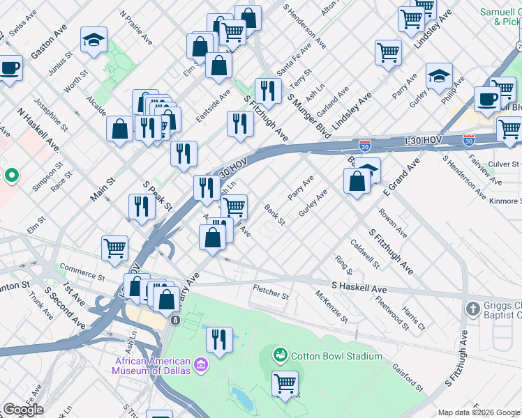 map of restaurants, bars, coffee shops, grocery stores, and more near 4528 Parry Avenue in Dallas