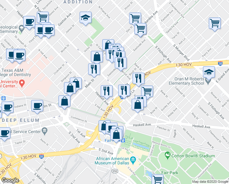 map of restaurants, bars, coffee shops, grocery stores, and more near 515 South Peak Street in Dallas
