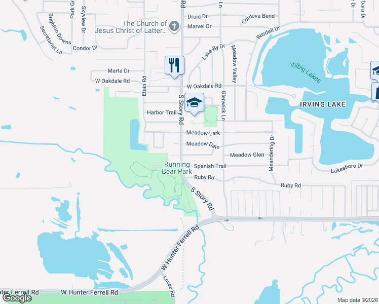 map of restaurants, bars, coffee shops, grocery stores, and more near 2321 Spanish Trail in Irving