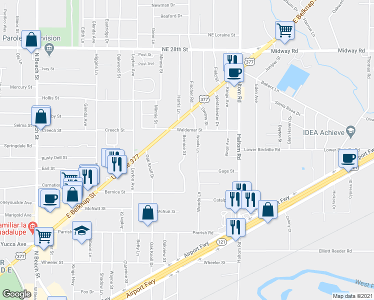 map of restaurants, bars, coffee shops, grocery stores, and more near 1901 Bernice Street in Haltom City