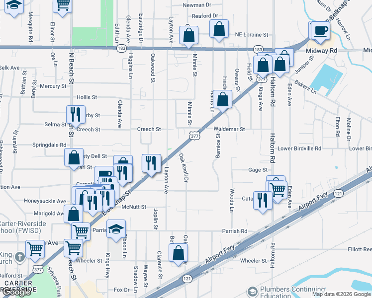 map of restaurants, bars, coffee shops, grocery stores, and more near 1725 Oak Knoll Drive in Fort Worth