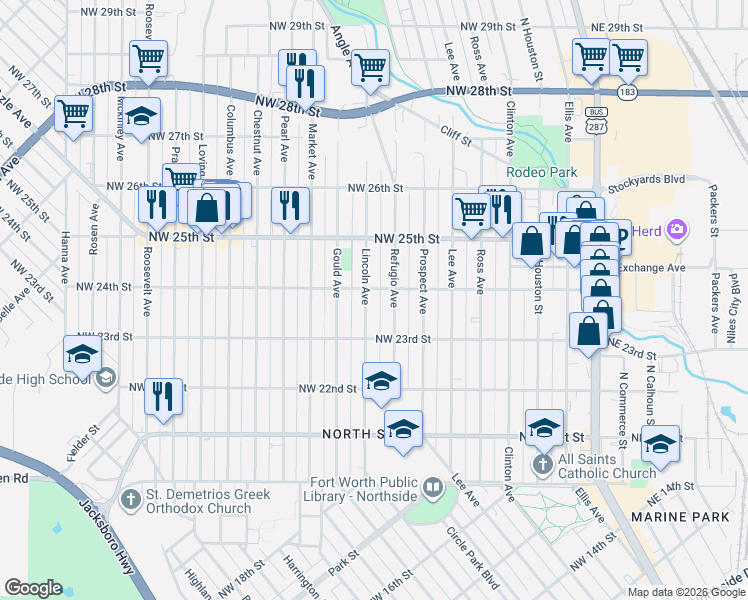 map of restaurants, bars, coffee shops, grocery stores, and more near 2308 Lincoln Avenue in Fort Worth