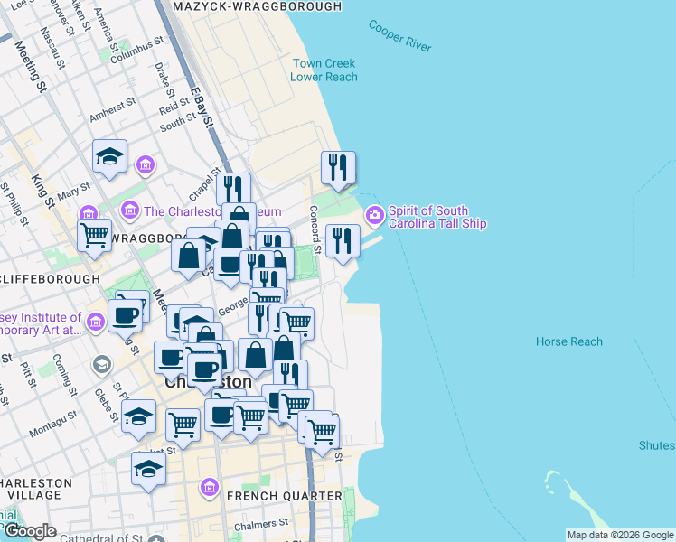 map of restaurants, bars, coffee shops, grocery stores, and more near 201-293 Concord Street in Charleston