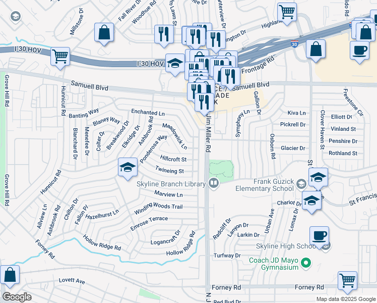 map of restaurants, bars, coffee shops, grocery stores, and more near 5816 Hillcroft Street in Dallas