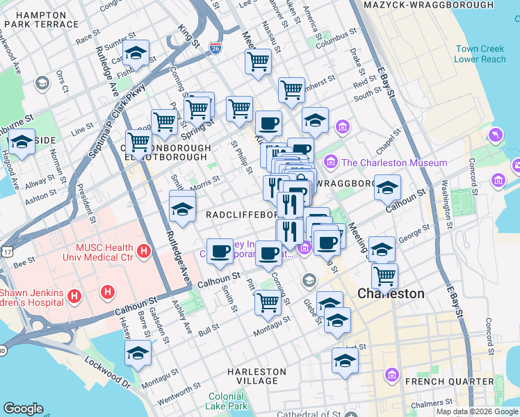 map of restaurants, bars, coffee shops, grocery stores, and more near 38 Warren Street in Charleston
